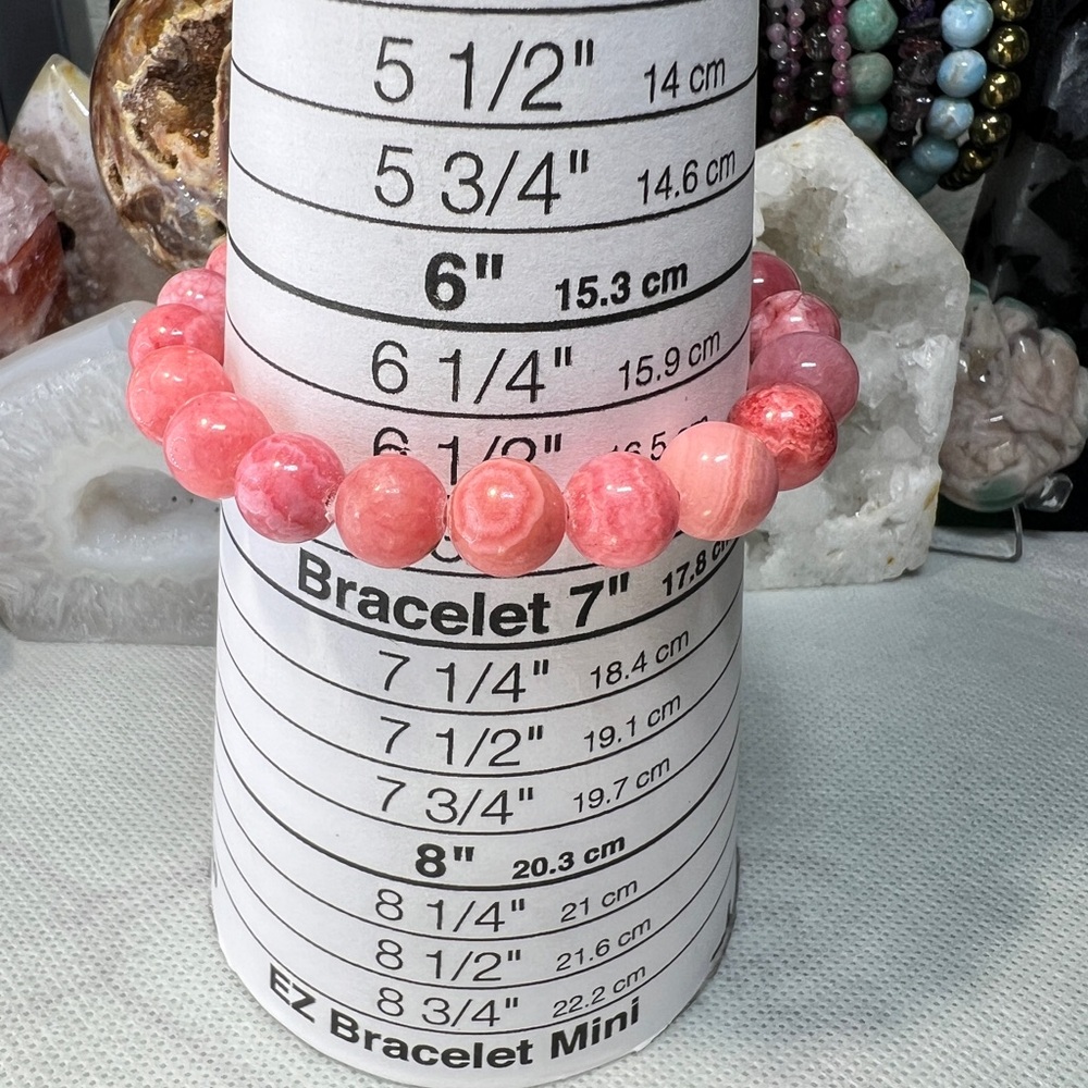 10MM Rhodochrosite Beaded Bracelet 6.76” Natural Pink Crystal Quartz Love Stone - Picture 11 of 12